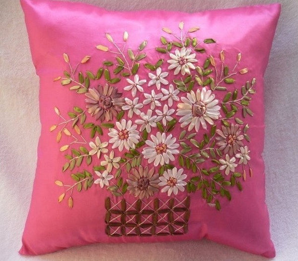 Faux Silk Cushion Covers with Handcrafted Ribbon Flower Details